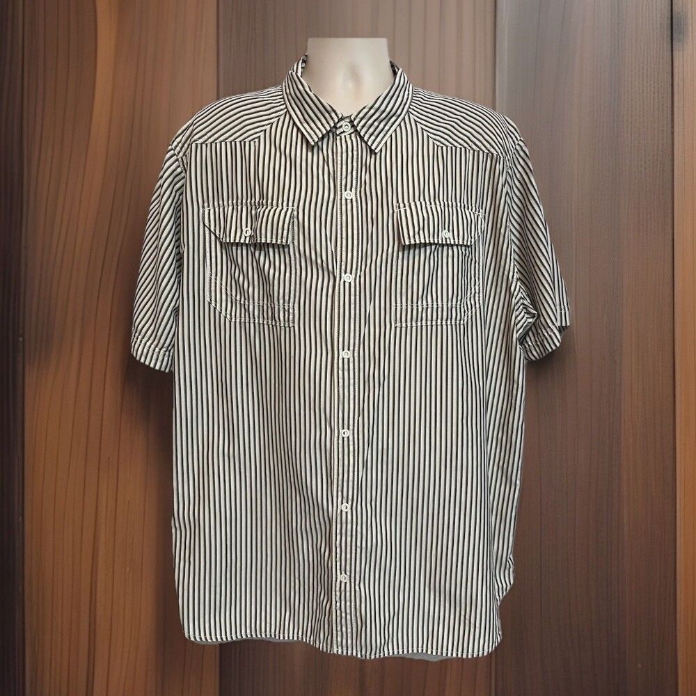 North Face Short Sleeve Button Up Striped Mens XXL White Tan Gorp Outdoor Preppy